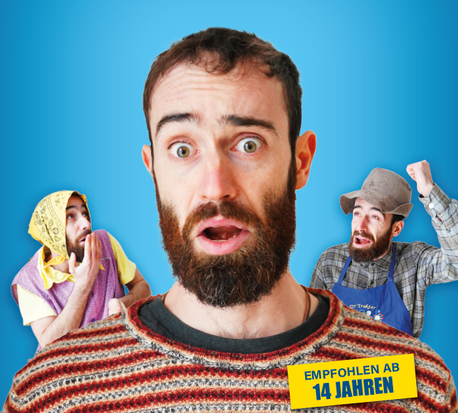 Ein Mann mit einem langen Bart und verschiedenen Gesichtsausdrücken steht vor einem blauen Hintergrund. Neben ihm sind weitere Figuren in verschiedenen Outfits zu sehen.