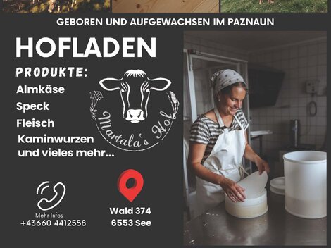 Ein einladender Hofladen in den Alpen mit verschiedenen Produkten wie Käse und Fleisch. Die Collage zeigt die idyllische Landschaft und die freundlichen Menschen, die dort arbeiten.