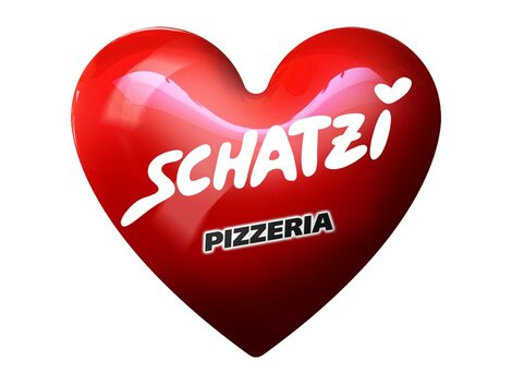 Ein rotes Herz mit der Aufschrift "SCHATZI" und "PIZZERIA". Das Design ist freundlich und einladend.